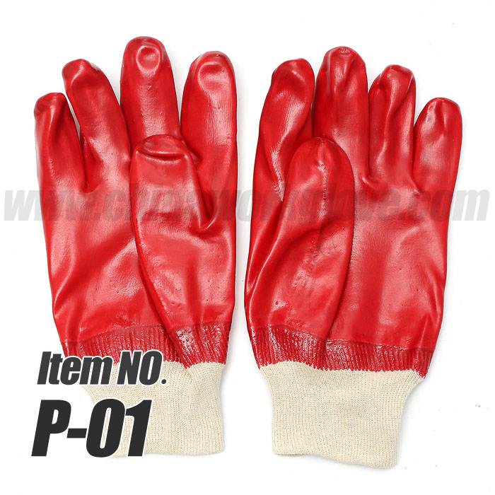 Red PVC Lined with Polyester/Interlock Oil-resistant, Acid & Alkali-resistance Protective Glove, Knitted Wrist